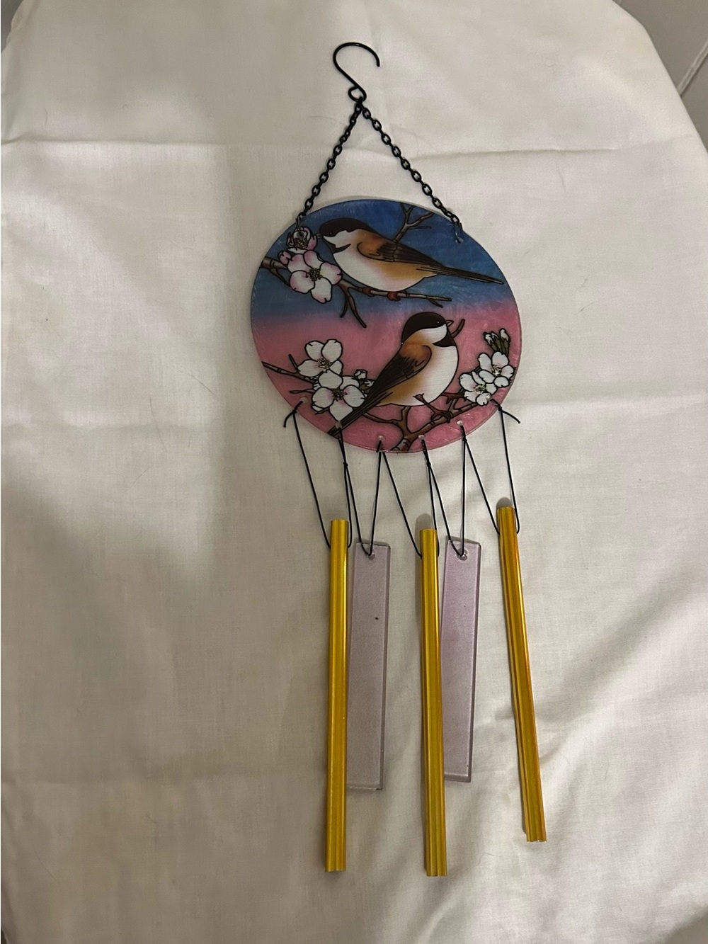 Chickadees With Cherry Blossoms Glass Wind Chimes/New